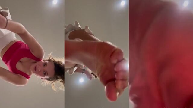 Hot brunette gives a footjob with amazing skillz and sexy toes
