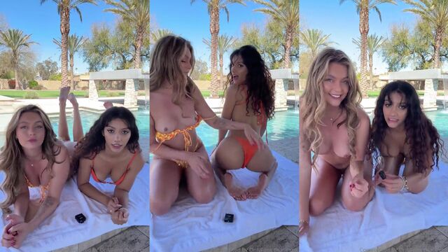 Hot lesbian babes get naked and count down together