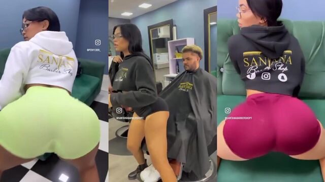 Latina with big ass twerks and shows her holes in the barber shop
