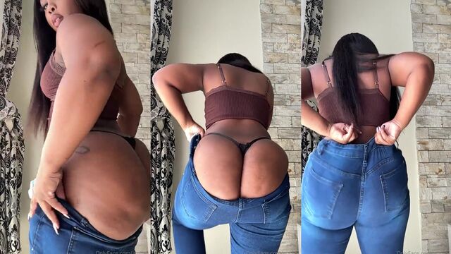 Hot ebony dancer shows her ass in thong and shakes it to the camera