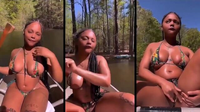 Ebony teen plays with her pussy in public park, almost gets caught