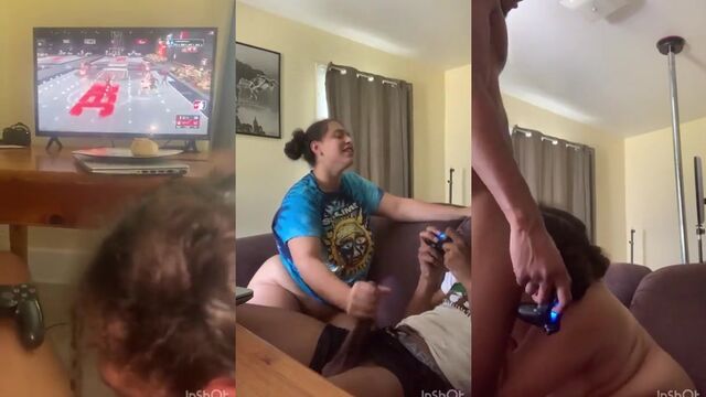 Freak sucks her boyfriend's dick while playing a game and moaning