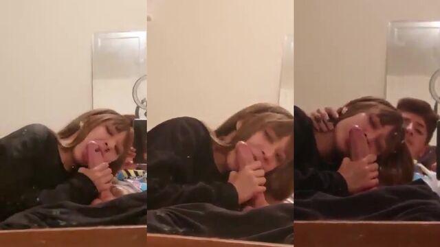 Femboy secretly sucking his friend's cock and filming it all