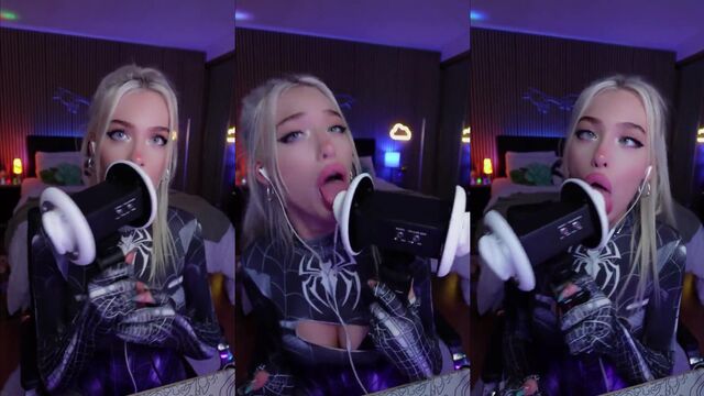 A blonde ahegao girl in Spider-Man cosplay licks faces and cunts