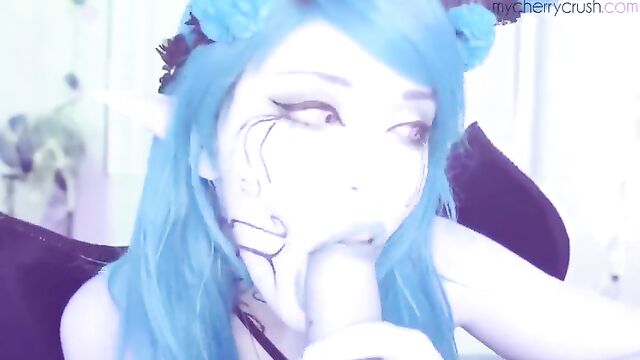 A girl with a cherry on her head sucks the dick of a guy in a steamy scene