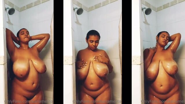 Big Titty Karlamelito gets showered and caressed with soap suds
