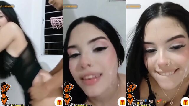 A cute brunette gives her pussy and receives a cumshot on her face in a live stream