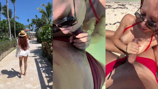 Babe came out in public to show her wet pussy in the sea
