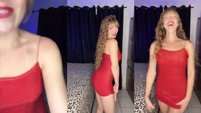 A super hot blonde in a dress dancing to funk music