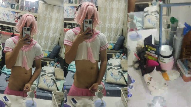 Femboy Astolfo enjoying intense action on a Rem figurine