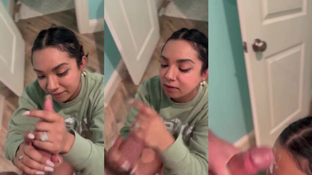 A girl gets a huge cumshot all over her face at work