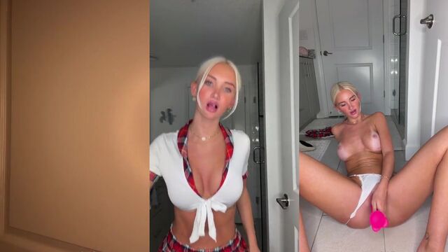 Schoolgirl pees her wet pussy on the carpet floor