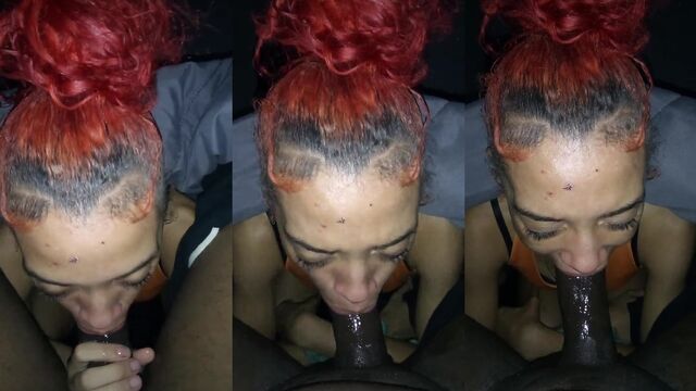 The red-haired girl was sucking cock like a baby with a bottle