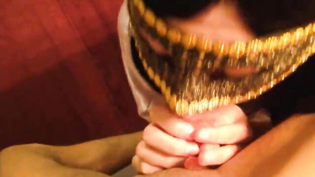 Girl in a mask sucks my big cock, beating records