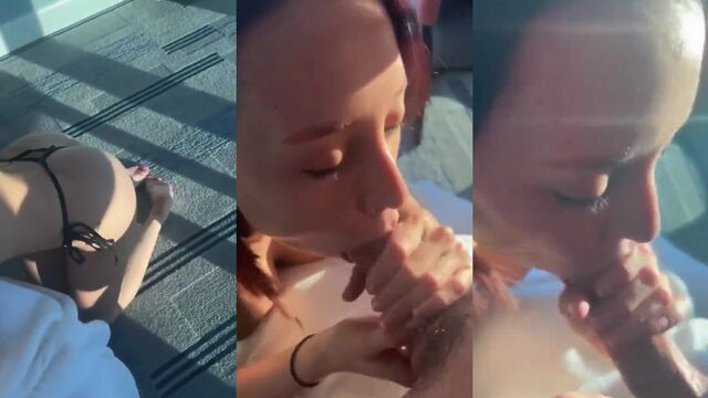 A sexy petite Latina gives a blowjob on her balcony with intense passion