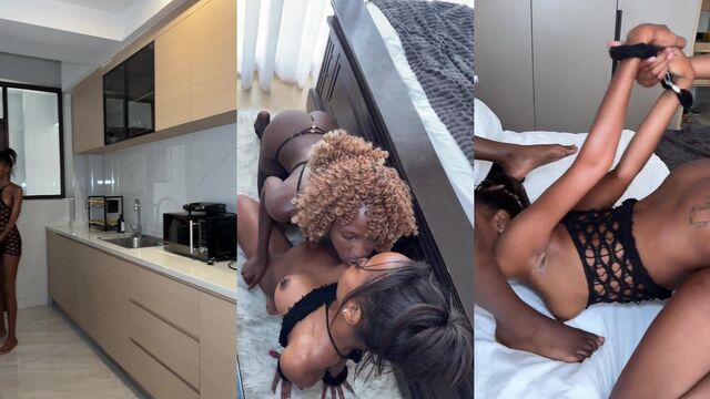 Two petite ebony girls are having fun and playing with each other