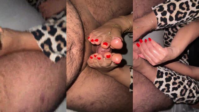 My wife gave me the best footjob with cumshot on red nails