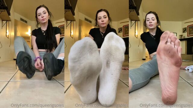Wrinkly soles of dark-haired baddie for foot fetish JOI