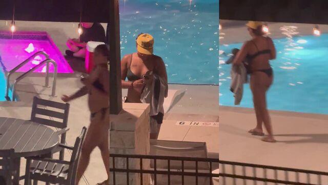 Bitches have fun in the pool, and someone spies on them