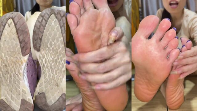 Sweaty Asian gym toes and wrinkled soles action