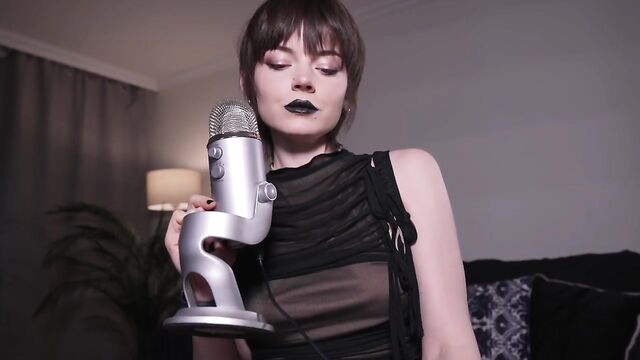Short hair goth beauty whispers sweet nothings while stroking your dick