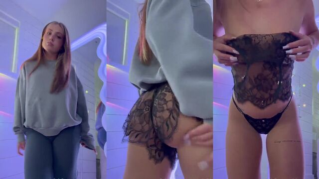 The girl is trying on new sexy underwear and teases