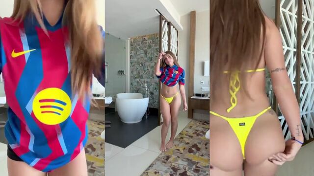 Petite teen cutie flaunts her curves in a sunny yellow bikini
