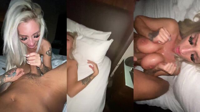The guy fucks a beautiful bimbo with huge fake boobs until he comes