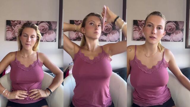 Blonde girl with big boobs makes a tiktok video