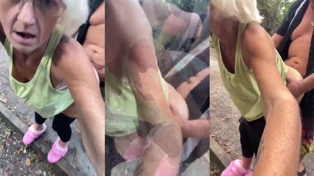 Granny gets her pussy filled with cum while fucking outdoors