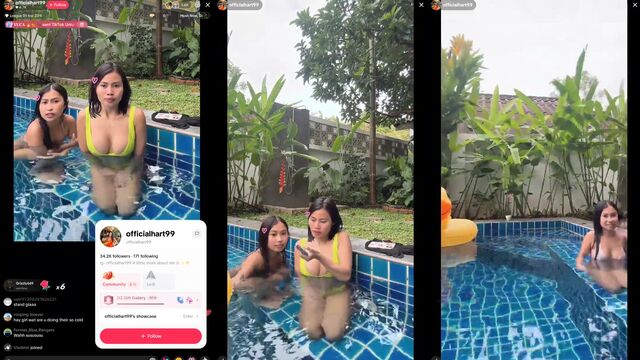 Asian beauty playing with bikini by the pool on TikTok Live