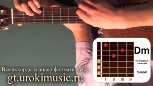 vse.urokimusic.ru Аккорд Dm. Ре минор. d-moll. Как играть. Позиция 1. Песни под гитару для девушек