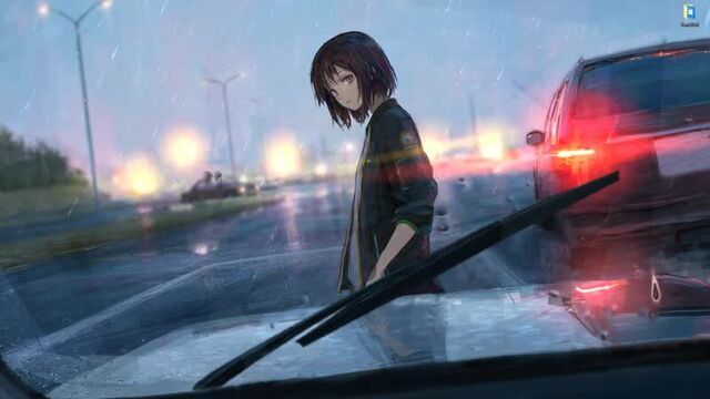Аниме девушка в дождь на дороге - живые обои для Wallpaper Engine