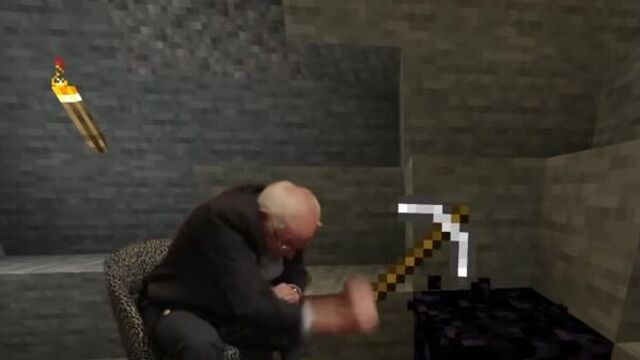 Bernie Sanders mines obsidian with an iron pickaxe in Minecraft